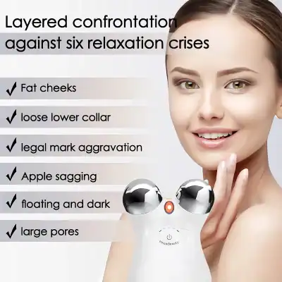 Facial skin care device with dual massage rollers to enhance relaxation, reduce fat cheeks, and tighten loose lower collars for improved skin appearance.