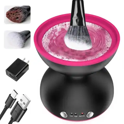 Efficient automatic makeup brush cleaner and dryer for cosmetics professionals, with USB charging and fast drying capabilities. Perfect for cleaning, drying, and sanitizing makeup brushes easily.