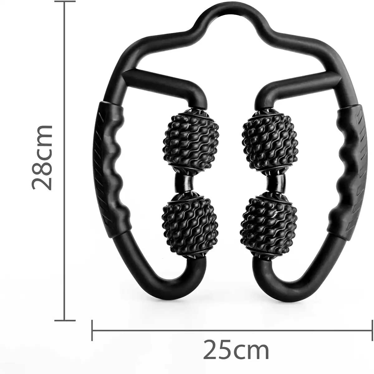 Alt text: Black massage roller with textured rollers, measuring 28cm by 25cm, designed for muscle relief and stress reduction, ideal for fitness and wellness routines.
