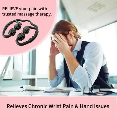 Black massage roller for wrist and hand pain relief, designed to alleviate chronic wrist and hand discomfort. Ideal for stress relief and muscle relaxation, improving circulation and reducing pain.