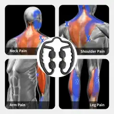 Massage device targeting neck, shoulder, arm, and leg pain relief with textured rollers for muscle relaxation. Perfect for soothing muscle tension and improving circulation.