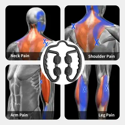 Massage device targeting neck, shoulder, arm, and leg pain relief with textured rollers for muscle relaxation. Perfect for soothing muscle tension and improving circulation.
