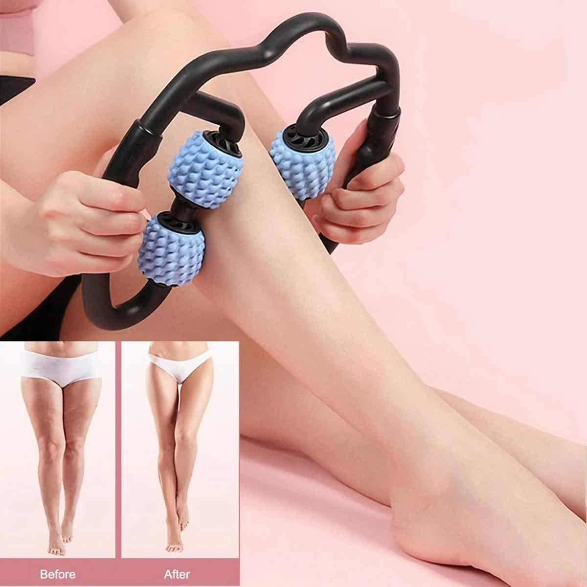 Gentle massage device targeting leg and foot relaxation with textured rollers, designed for improved circulation and skincare. Perfect for soothing tired muscles after a long day.