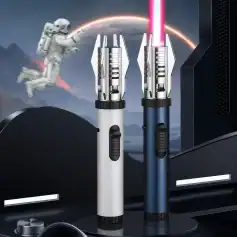 A high-tech, modern science fiction-inspired laser equipment with sleek silver and blue handles set against a cosmic background with an astronaut floating in space.