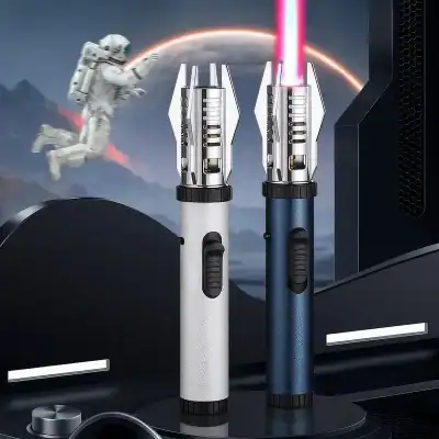 A high-tech, modern science fiction-inspired laser equipment with sleek silver and blue handles set against a cosmic background with an astronaut floating in space.