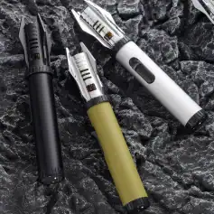 Modern electric razors with metallic and matte finishes on black, green, and silver handles for professional grooming and beard trimming.