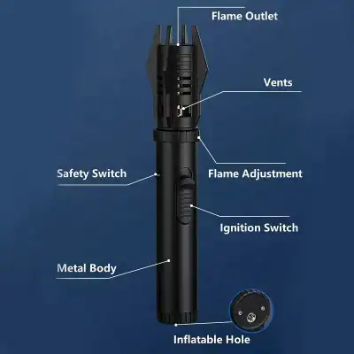 High-quality torch lighter featuring flame adjustment, safety switch, and durable metal body, perfect for culinary, camping, or DIY projects.