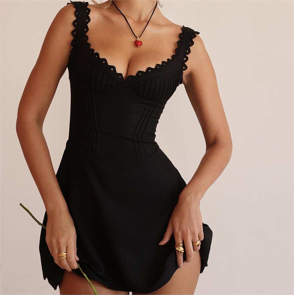 Stylish black dress with lace details, perfect for women’s fashion, party wear, evening events, and trendy outfits. High-quality fabric for comfort and fashion-forward look.