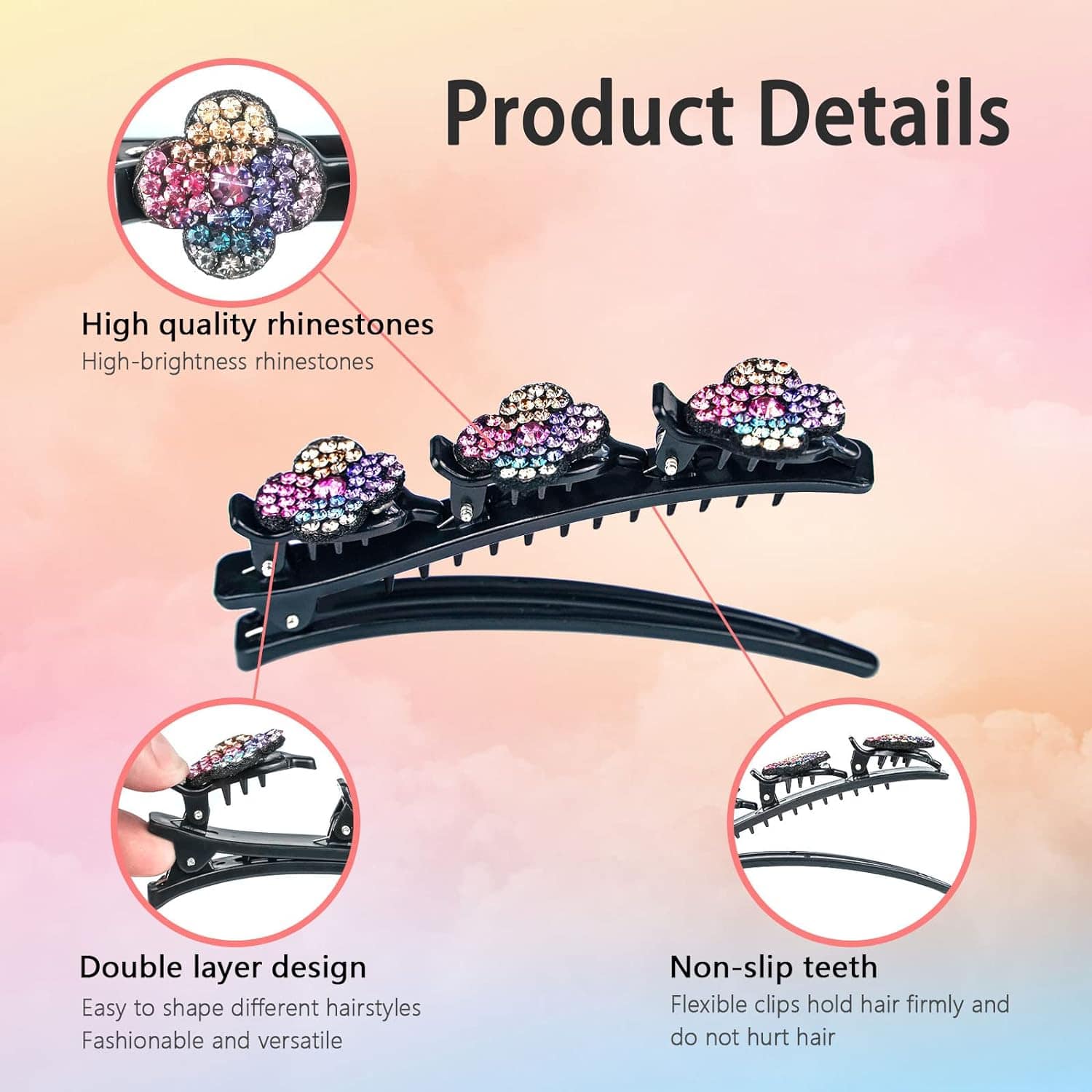 High-quality rhinestones with colorful sparkle, non-slip clips for secure hold, versatile for various hairstyles.