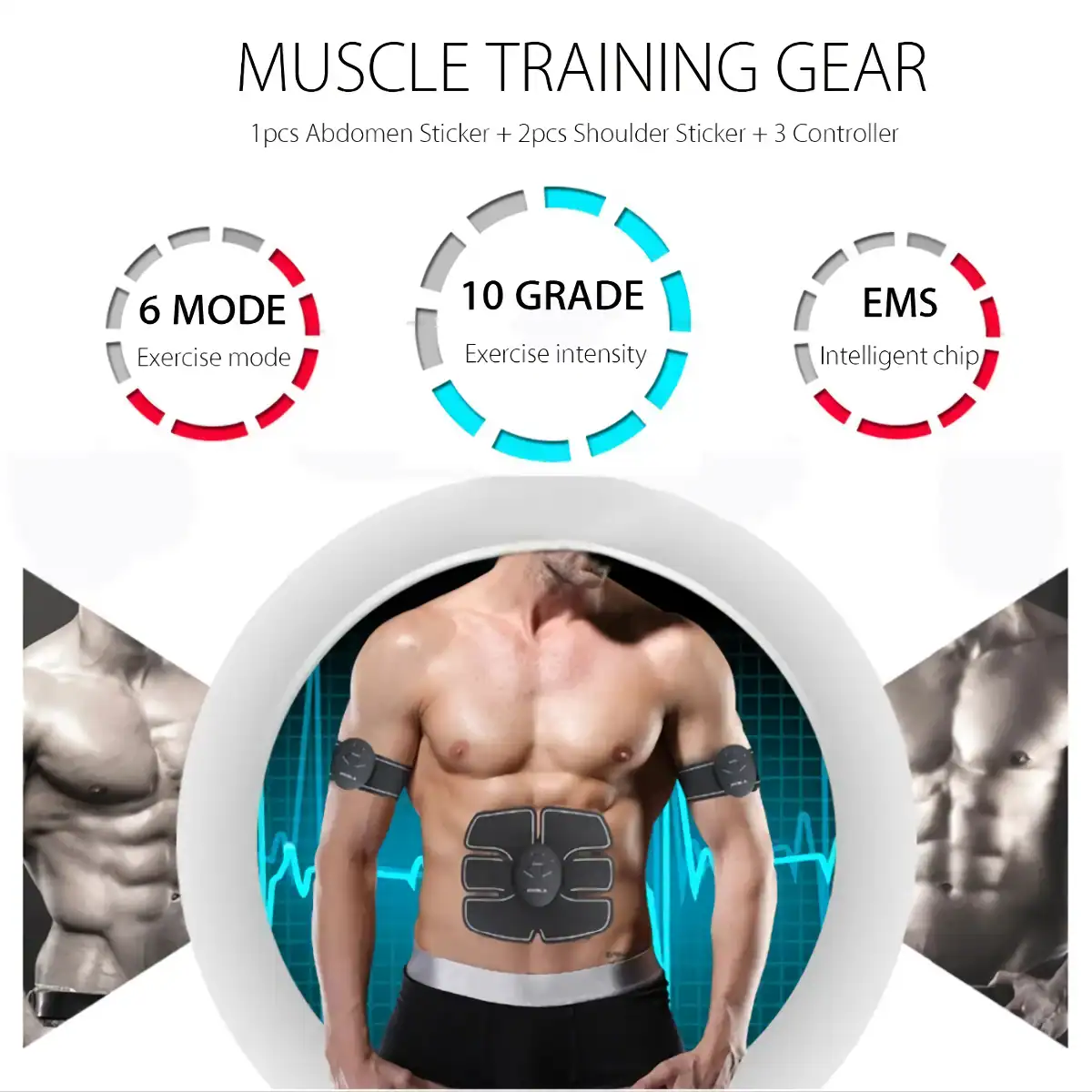 High-tech muscle training gear with abdominal and shoulder stickers, featuring adjustable exercise modes and intelligent chips to enhance workout efficiency and muscle stimulation.