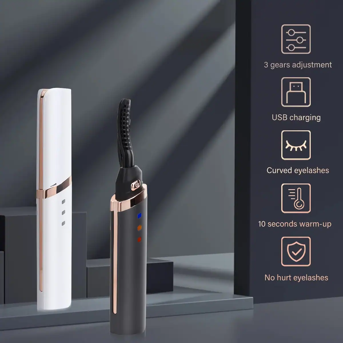 Optimum lash extension tools with curved eyelash applicators and USB charging.