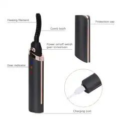 High-quality electric eyelash curler featuring comb teeth, heating filament, and charging port for flawless curling and eye enhancement. Compact, stylish design with protective cap.