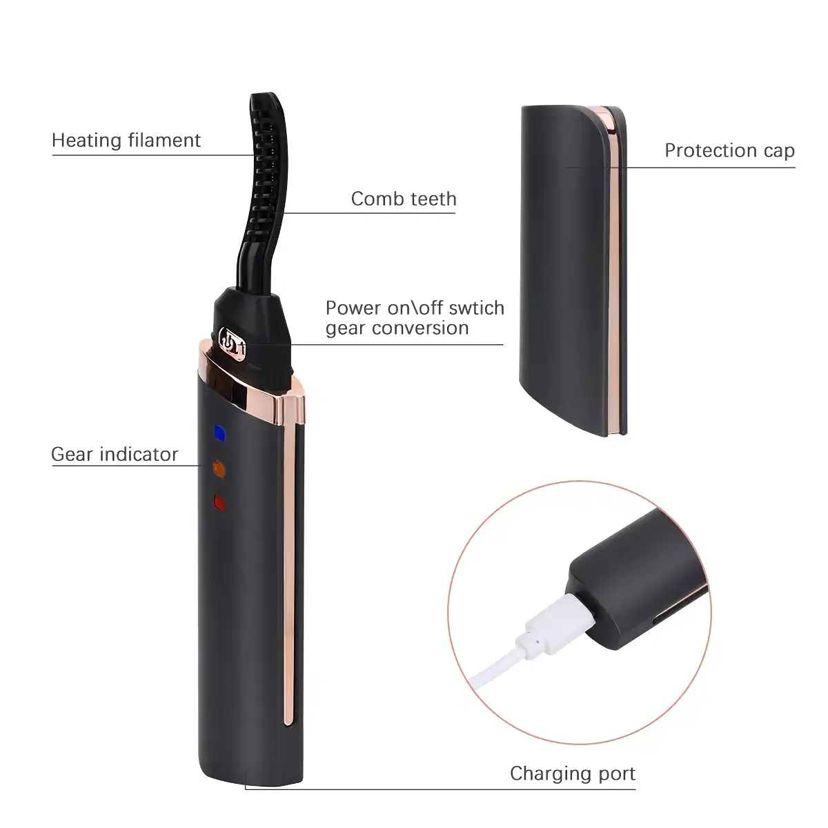 High-quality electric eyelash curler featuring comb teeth, heating filament, and charging port for flawless curling and eye enhancement. Compact, stylish design with protective cap.