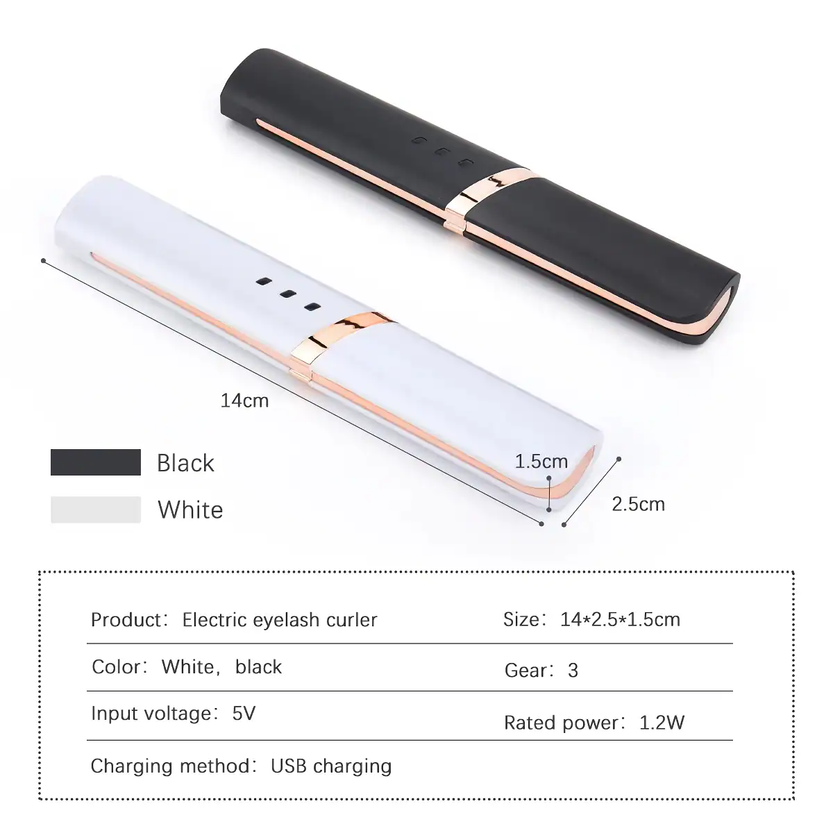 Stylish black and white eyelash curlers with USB charging, designed for easy use and long-lasting curls, perfect for beauty salons and personal grooming.