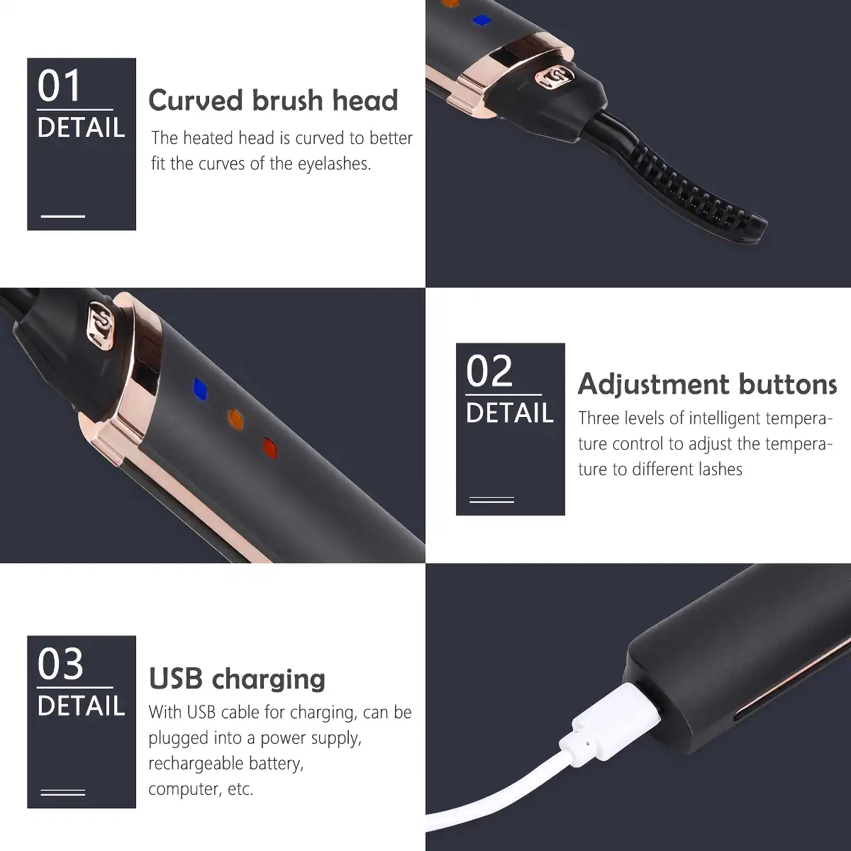 High-quality lash extension machine with curved brush head, adjustable temperature control, and USB charging for professional or personal eyelash care.
