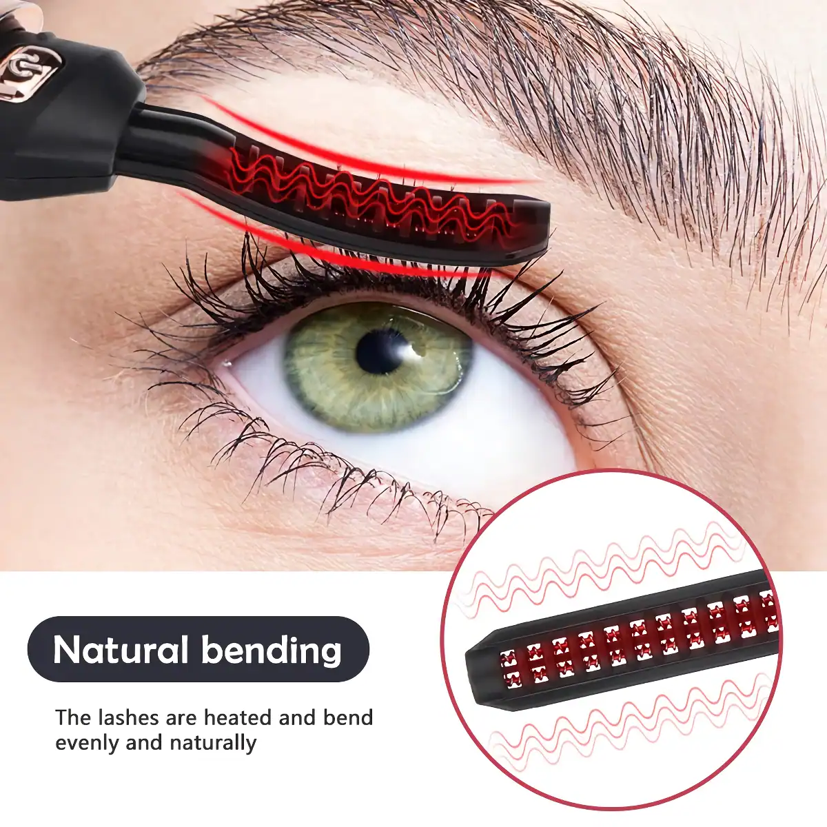 Efficient eyelash curling device with heated rollers for natural lash lifting and shaping.