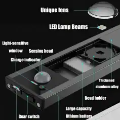 High-quality lens cleaning tool with LED lamp beams, light-sensitive window, sensing head, charge indicator, and durable aluminum alloy construction for optical clarity and maintenance.
