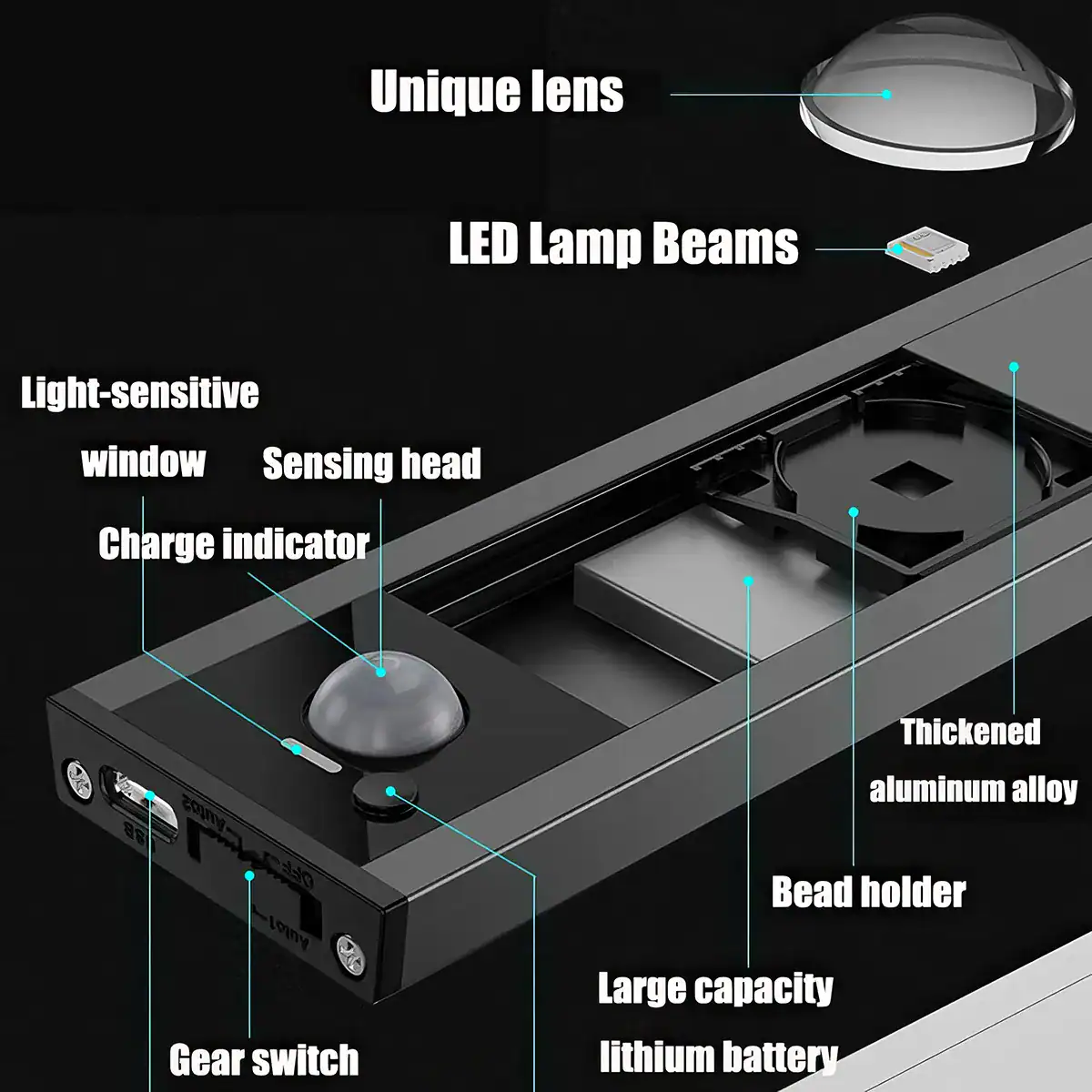 High-quality lens cleaning tool with LED lamp beams, light-sensitive window, sensing head, charge indicator, and durable aluminum alloy construction for optical clarity and maintenance.
