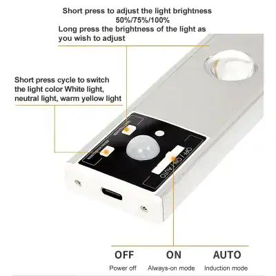 Adjustable LED light for precision illumination in medical and optical treatments. Features touch buttons for brightness and color mode adjustments, including white, neutral, and warm yellow light.
