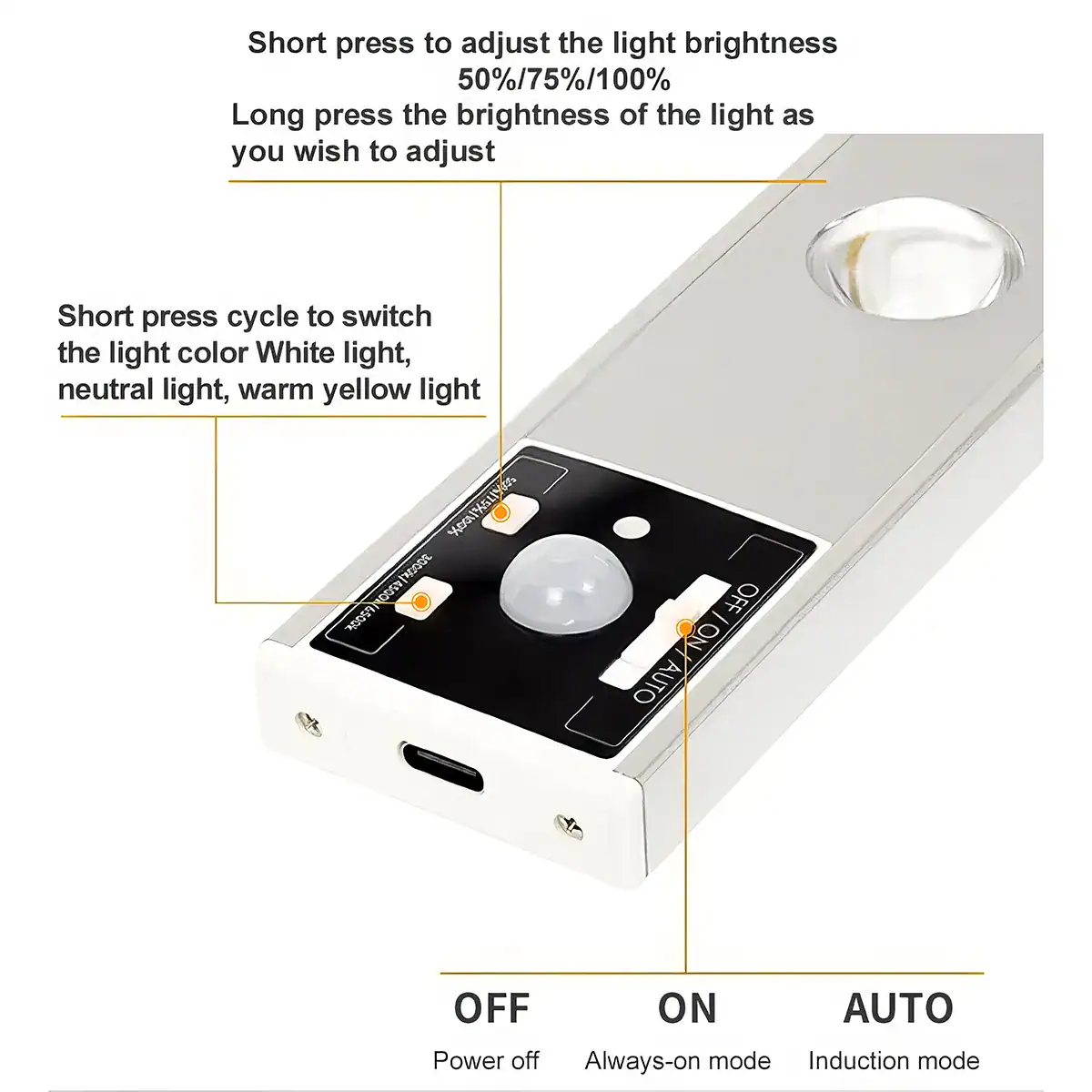 Adjustable LED light for precision illumination in medical and optical treatments. Features touch buttons for brightness and color mode adjustments, including white, neutral, and warm yellow light.