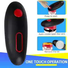 Electric can opener for easy opening of canned foods, featuring one-touch operation, auto-rotation, and lid removal, perfect for kitchen use and food preparation.