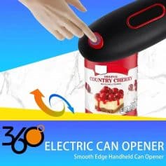 Electric handheld smooth edge can opener for easy, safe opening of cans and jars, ideal for kitchen use, food preparation, and individuals with limited hand strength.