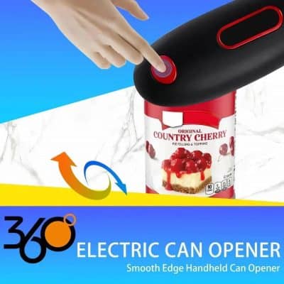 Electric handheld smooth edge can opener for easy, safe opening of cans and jars, ideal for kitchen use, food preparation, and individuals with limited hand strength.