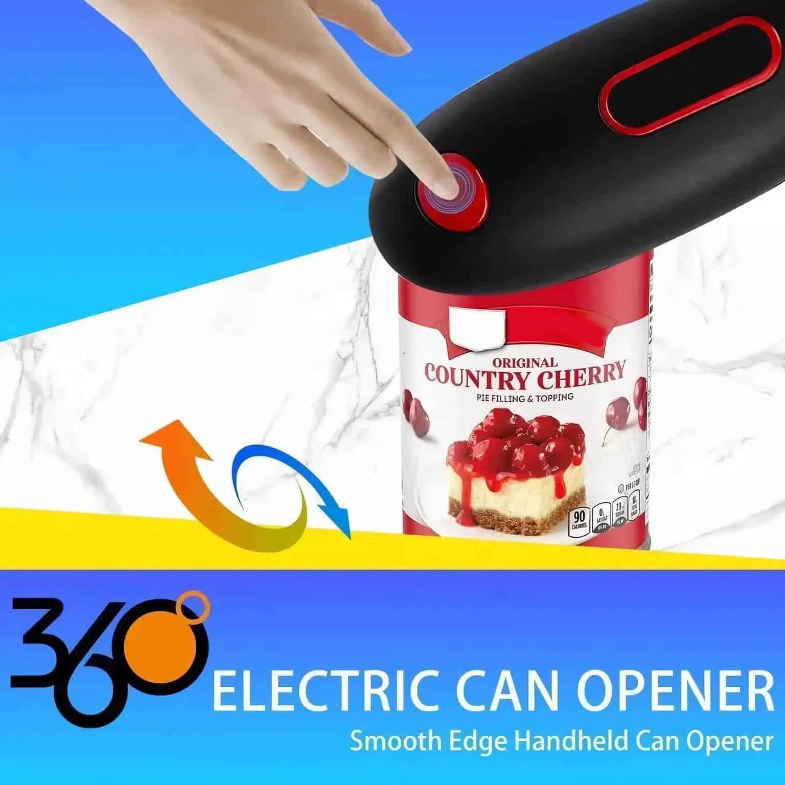Electric handheld smooth edge can opener for easy, safe opening of cans and jars, ideal for kitchen use, food preparation, and individuals with limited hand strength.