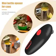 Easy-to-use mini can opener for cans, featuring a simple button press design to open canned goods effortlessly, making food preparation quicker and more convenient.