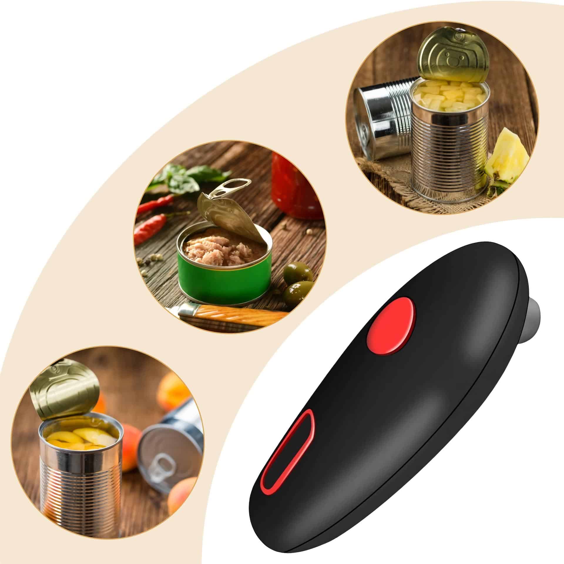 Easy can opener for canned foods, wheel grip, and push button for effortless opening.