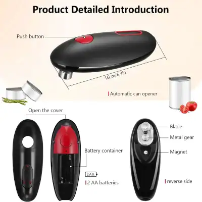 Electronics can opener designed for easy can opening with push button and automatic lid removal, ideal for home, kitchen, and medical use.