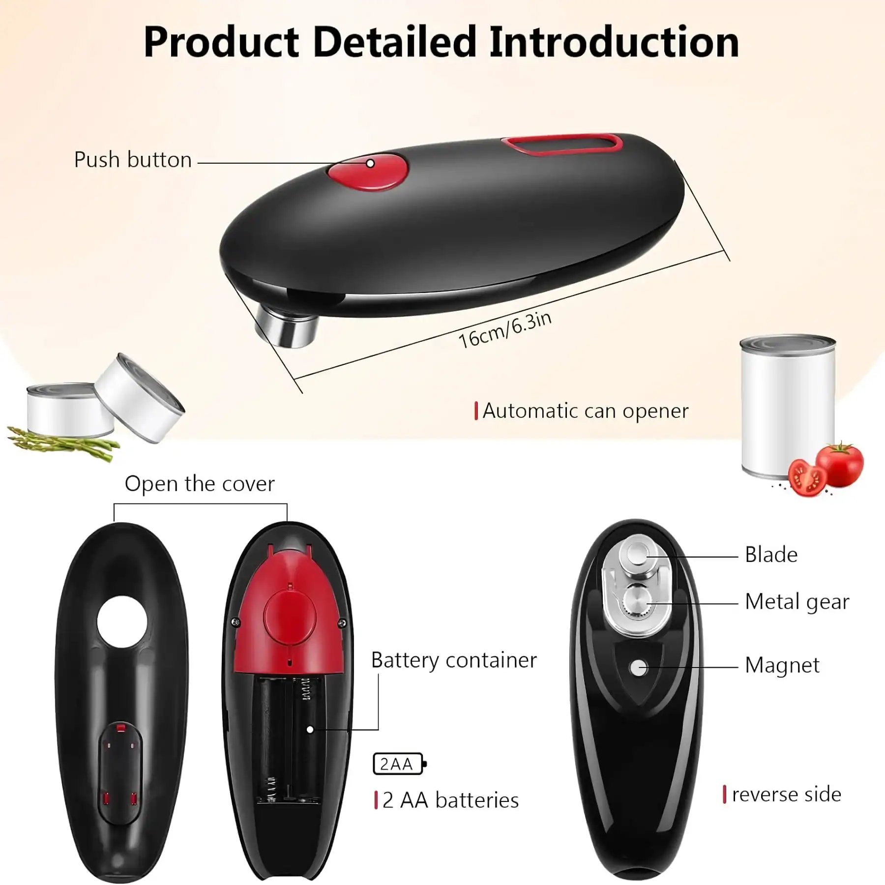 Electronics can opener designed for easy can opening with push button and automatic lid removal, ideal for home, kitchen, and medical use.