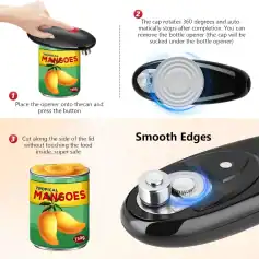 Versatile electric can opener for canned food, featuring 360-degree rotation, auto-stop, and safe cutting along the lid for quick meal prep.