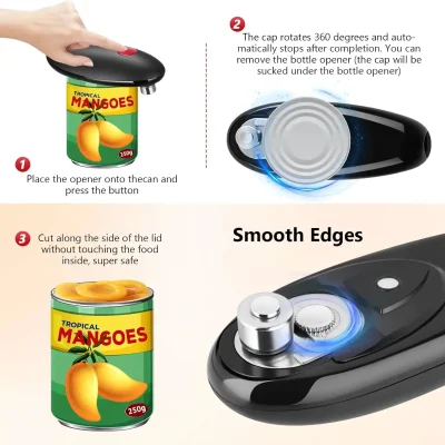Versatile electric can opener for canned food, featuring 360-degree rotation, auto-stop, and safe cutting along the lid for quick meal prep.