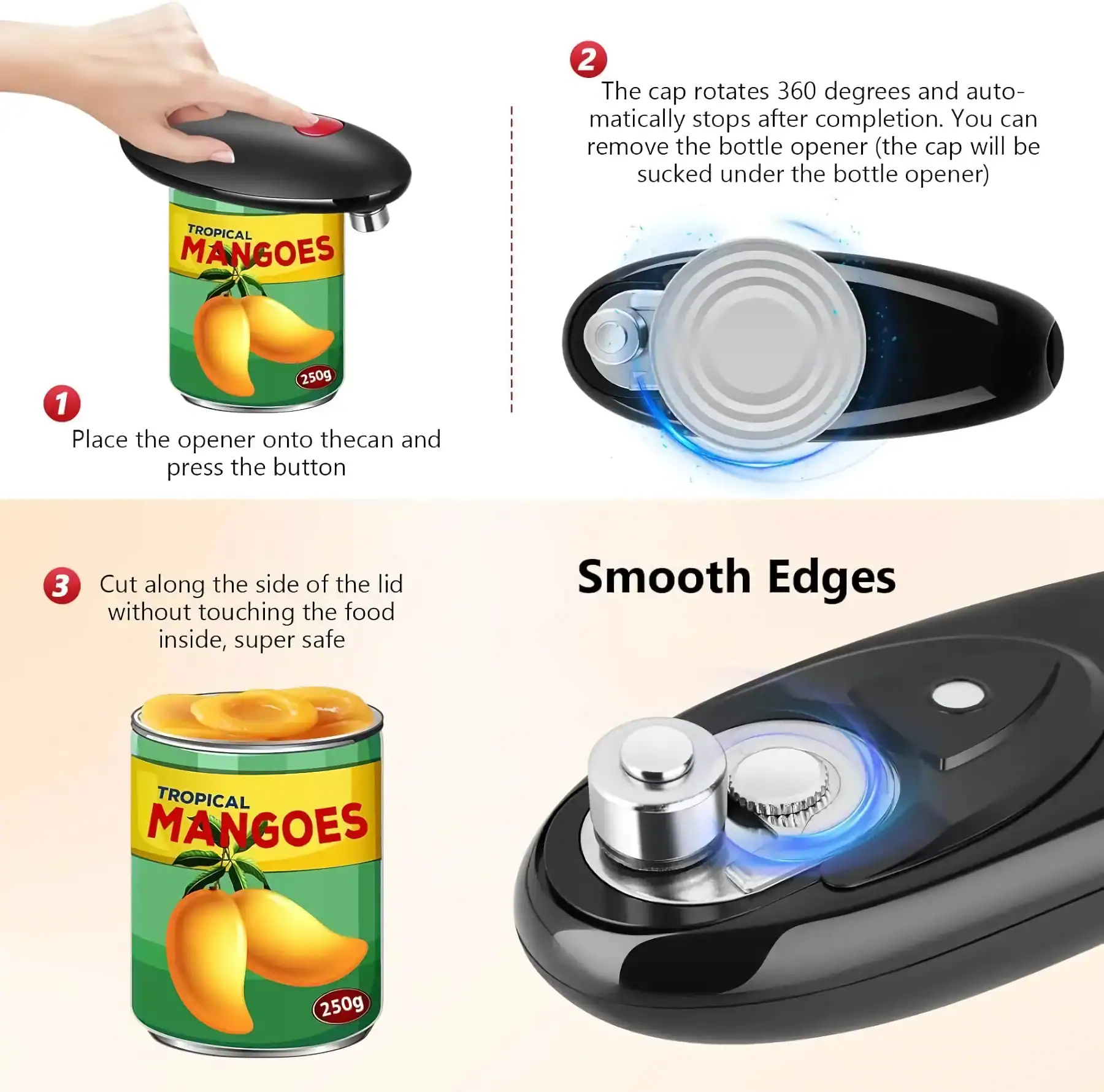 Versatile electric can opener for canned food, featuring 360-degree rotation, auto-stop, and safe cutting along the lid for quick meal prep.