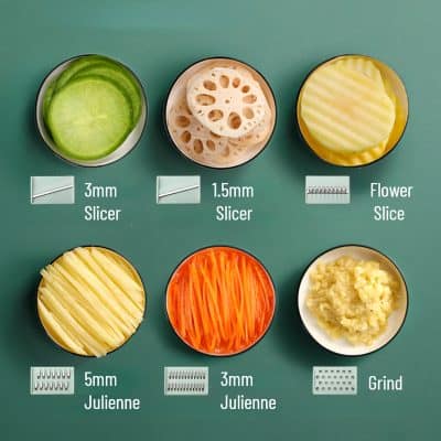 Efficient vegetable slicer and grater tools for kitchen prep, including 3mm, 1.5mm slicers, flower slicer, julienne blades, and grater for easy food processing.
