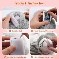 Soft gray plush toy with removable face mask and battery compartment, demonstrating how to install and operate electronic features for doll or stuffed animal.