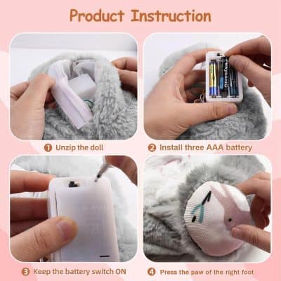Soft gray plush toy with removable face mask and battery compartment, demonstrating how to install and operate electronic features for doll or stuffed animal.