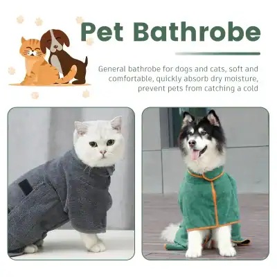 Comfortable, quick dry pet bathrobe for dogs and cats, preventing cold and absorbing moisture, ideal for keeping pets warm and dry after bathing or outdoor activities.