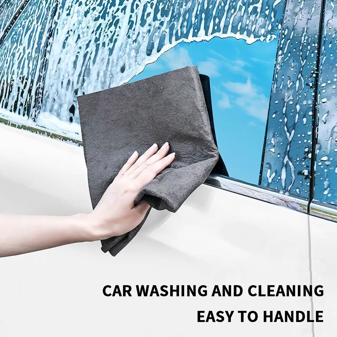 High-quality cloth cleaning car windows, effective for removing dirt and water spots, ensuring clear visibility and a sparkling look for your vehicle. Perfect for quick, easy car wash maintenance.