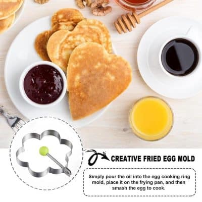 Egg cooking mold for breakfast, featuring a creative design perfect for making heart-shaped fried eggs. Includes tips on pouring oil, cooking, and serving delicious, visually appealing breakfast dishes with jam, coffee, and juice.