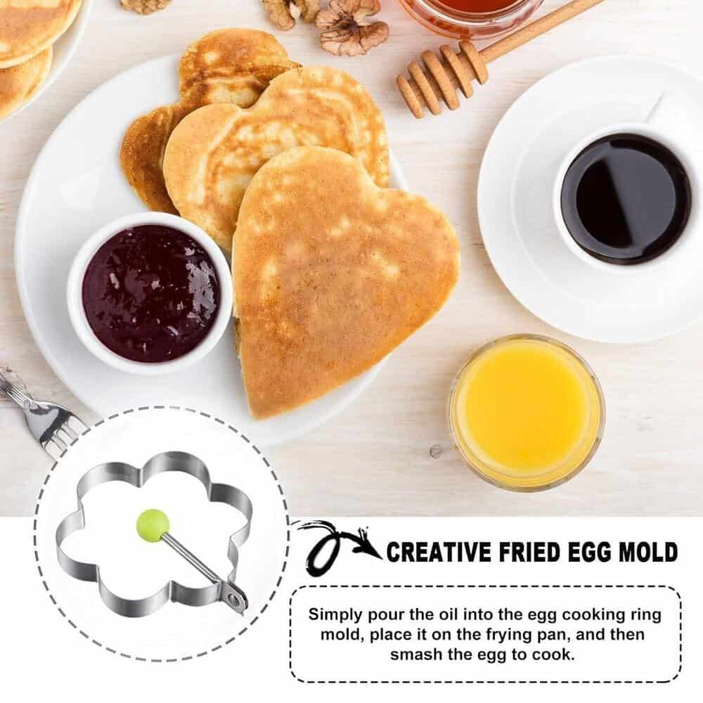 Egg cooking mold for breakfast, featuring a creative design perfect for making heart-shaped fried eggs. Includes tips on pouring oil, cooking, and serving delicious, visually appealing breakfast dishes with jam, coffee, and juice.