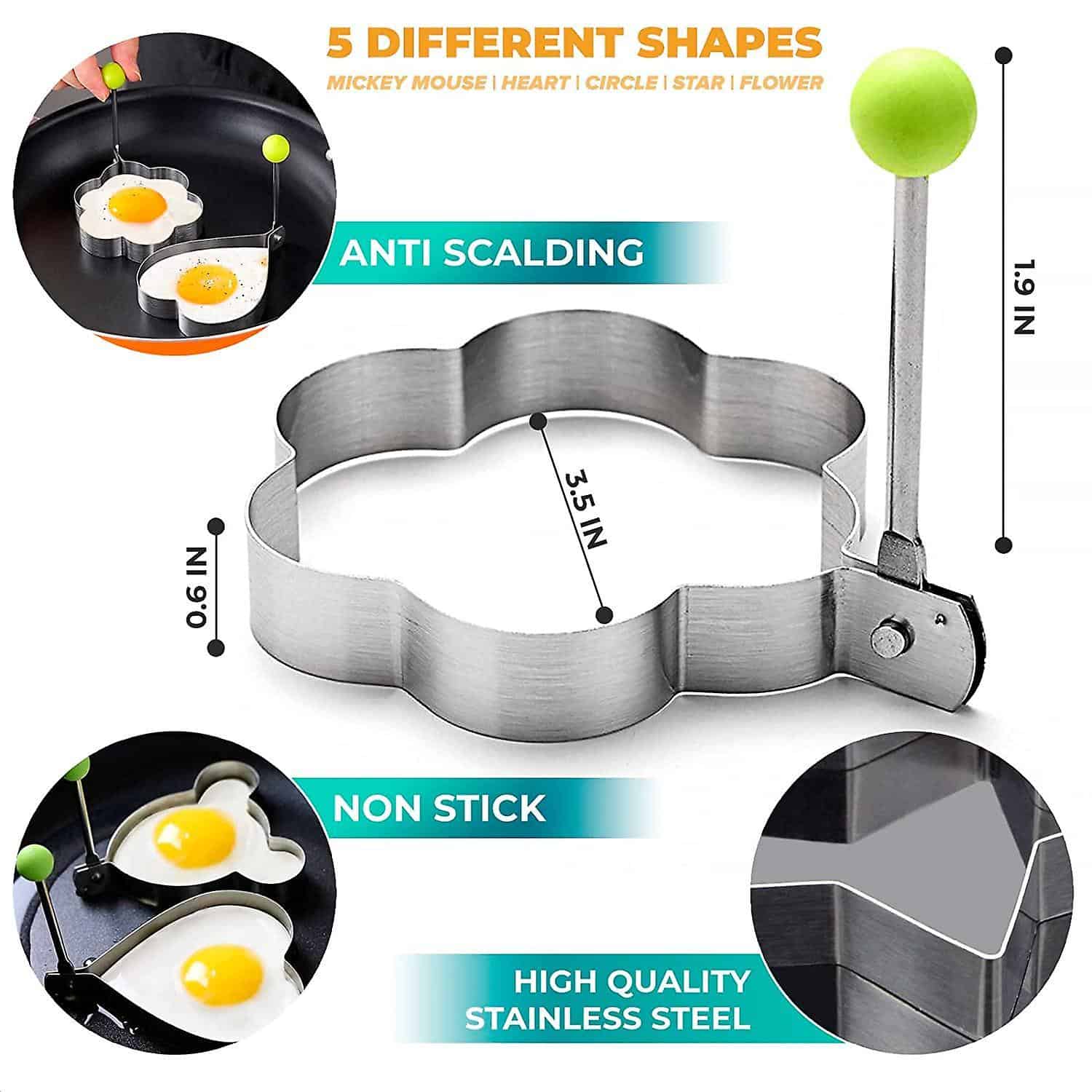 Stainless steel egg mold for making fun shaped eggs, including Mickey Mouse, heart, circle, star, and flower, with anti-scaling and non-stick features. Perfect for breakfast and kids' meals.