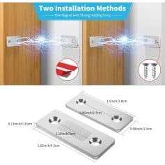 Close-up of magnetic lock with installation hardware including screws, showcasing strong magnet holding force on wood surfaces.