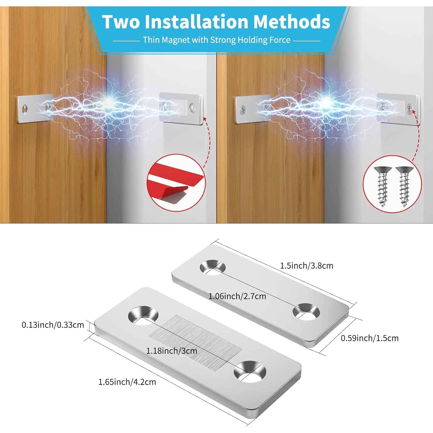 Close-up of magnetic lock with installation hardware including screws, showcasing strong magnet holding force on wood surfaces.