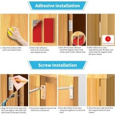 Magnetic door catch installation process, including cleaning the surface, peeling adhesive, and attaching to cabinet or door for secure closure.