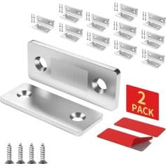 Magnetic door latch set with mounting hardware for cabinets, furniture, and appliances, including screws and adhesive pads for secure installation.