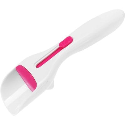 Cosmetic eyelash and eyebrow roller with pink accents for precise application and grooming.