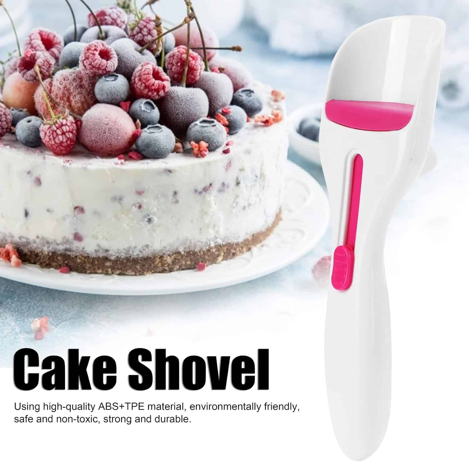 Optical cake shovel designed with durable ABS+TPE material, ideal for bakery, dessert decoration, and food prep. Features vibrant pink accents and ergonomic handle for easy use.
