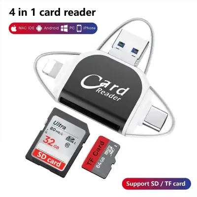 High-speed card reader compatible with SD and TF cards, ideal for data transfer and storage, suitable for mobile phones, tablets, and computers. Compact design with multiple device compatibility.